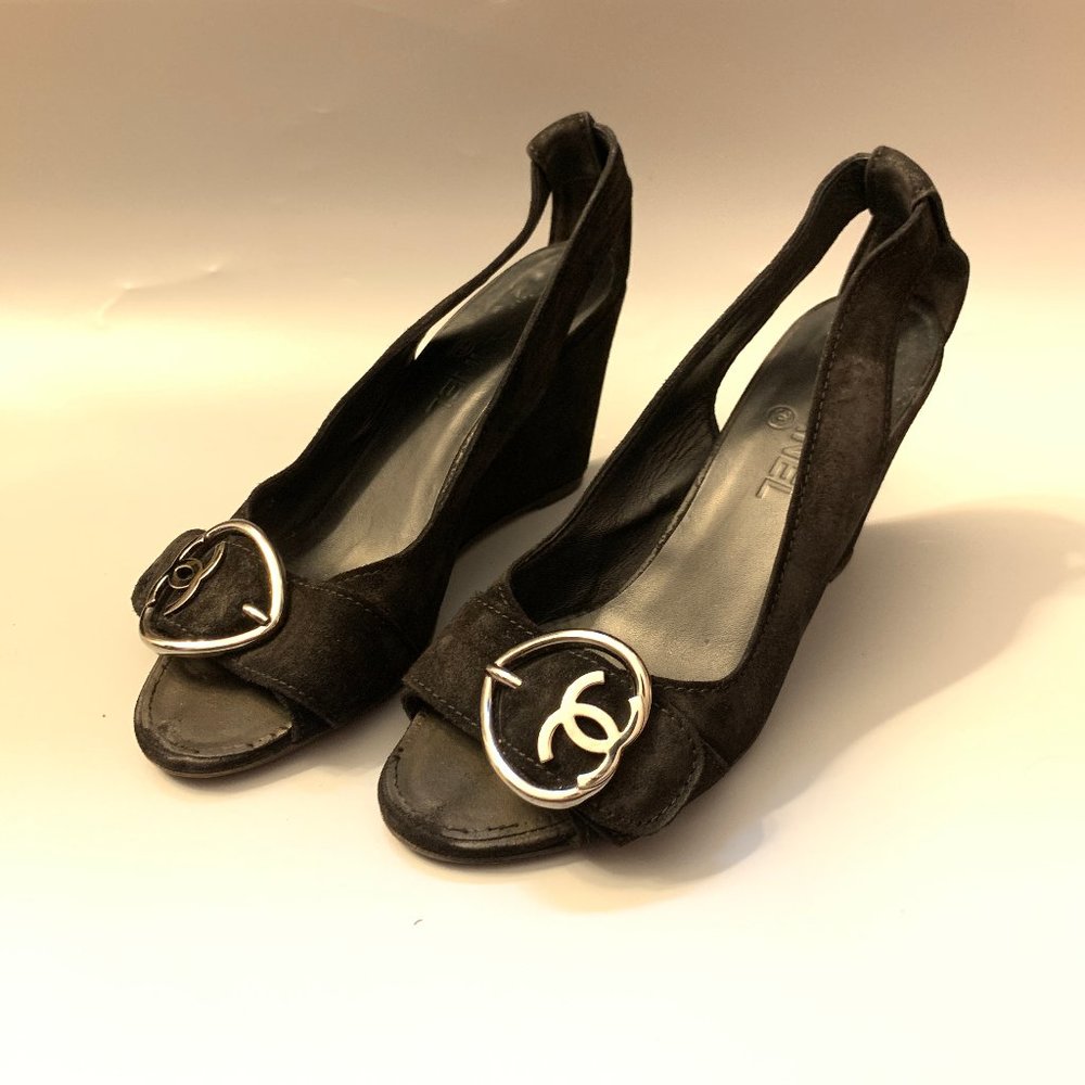 Chanel Black Suede Peep-Toe Wedge Heels - Picture 1 of 13